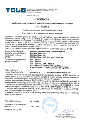 Licencia na zhotovovanie vonkajších tepelnoizolačných kontaktných systémov PCI